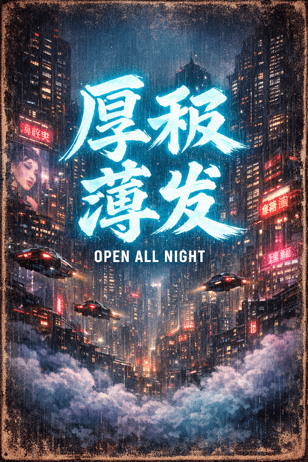 UNI-1 cyberpunk poster with multilingual text rendering sample